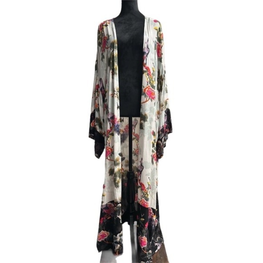 World Market Chinoiserie Floral Bird Long Bohemian Maxi Kimono Duster